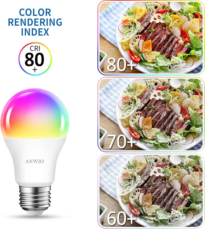 ANWIO Smart Light Bulbs 8.5W (60W Replacement) A19 E26 LED Bulb Work with Alexa, Google Assistant, Smart Life App, Tuya App, Color Changing Light Bulb,806LM,2.4Ghz only，No Hub Required（2-Pack）