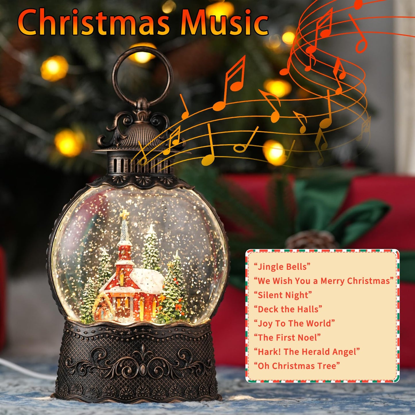 Snow Globe with Church, Light Up Christmas Snow Globes with Music Timer - USB Plug or Battery Operated Glitter Globe Indoor Christmas Decorations