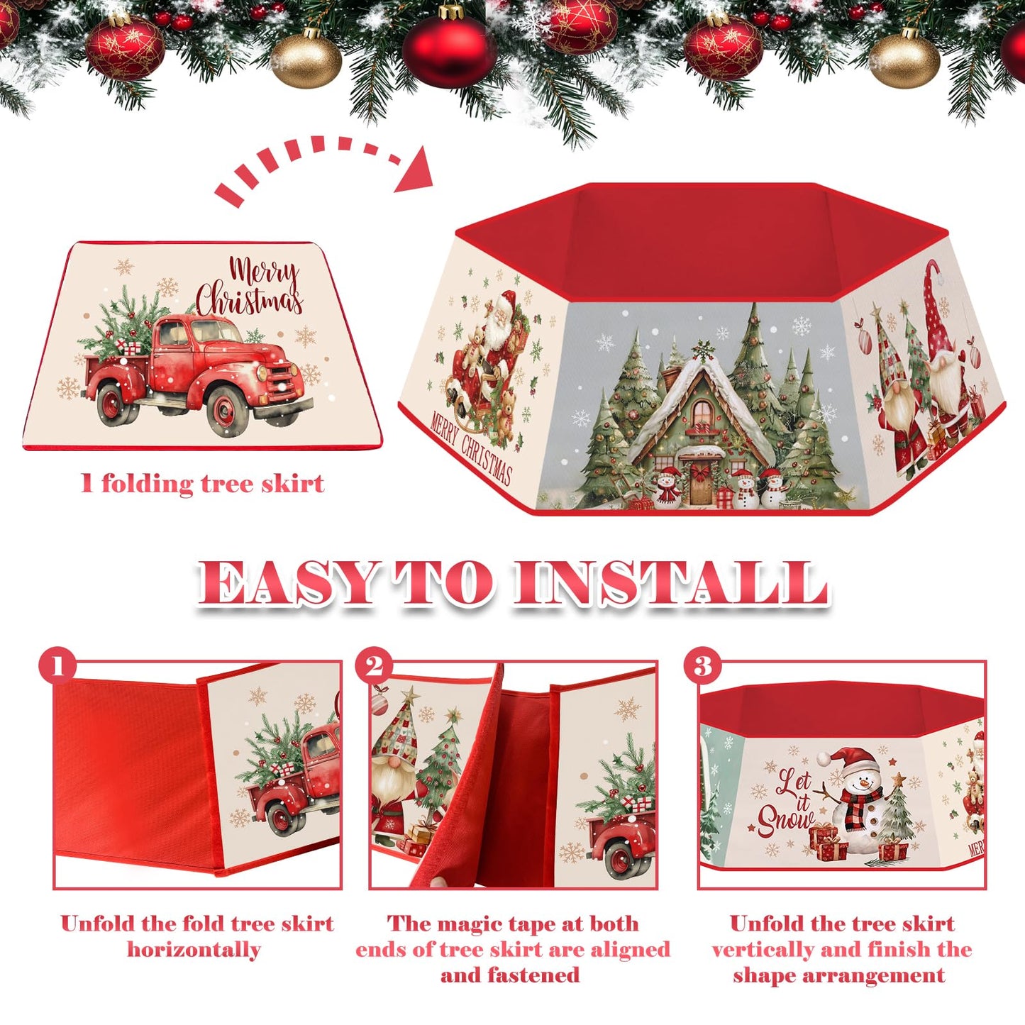 Christmas Tree Collar for Artificial Trees, Red Winter Snowman Truck Santa Claus Rustic Country Christmas Decoration, Fabric Hexagonal Base Tree Collar Skirt for Xmas Tree Decorations Holiday Party
