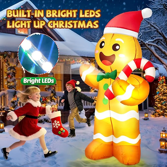 5FT Christmas Inflatables Gingerbread Man, Christmas Decoration Outdoor Built-in Bright LED Light Hold Candy Cane Blow Up Yard Decoration Blowups for Indoor Holiday Party Xmas New Year