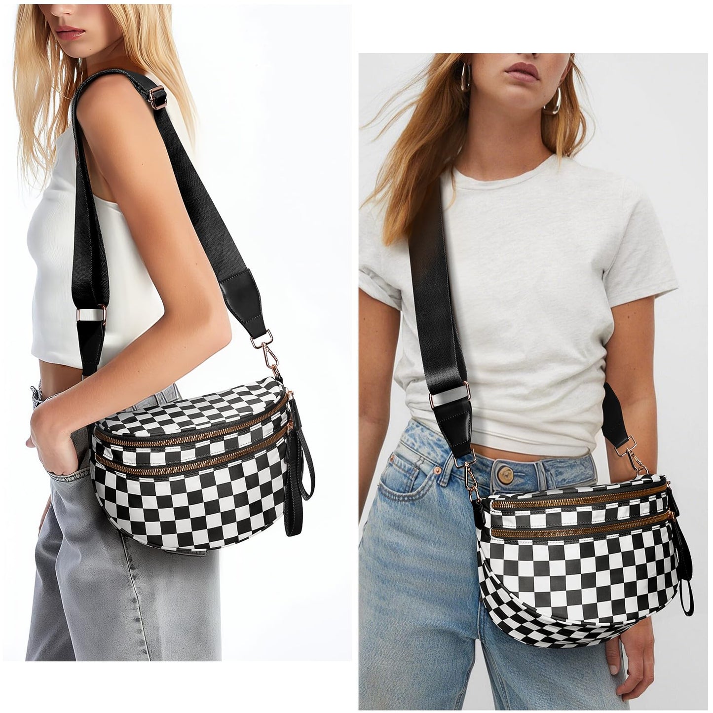 Checkered Crossbody Bum Bags for Women Nylon Checkered Purse Checkerboard Fanny Pack