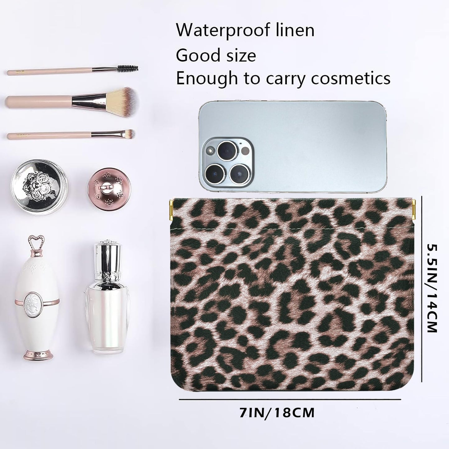 HIGH FIT Leather Pocket Cosmetic Bag for Purse,Coin Purse Lipstick Cosmetic Accessories Organizer, Travel Kit Storage Pouch,Waterproof Portable No Zipper Self-closing (Leopard print)