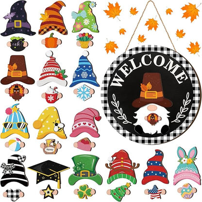 Qunclay Interchangeable Wooden Gnome Decor Holiday Seasonal Gnome Decorations with Magnet Pieces and Detachable Hats Changeable Welcome Sign for Home(Trendy Style)