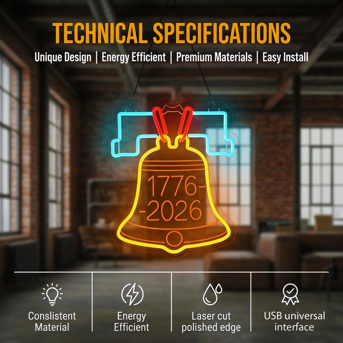 1776-2026 USA 250th Anniversary Liberty Bell Neon Sign - Patriotic LED Wall Decor