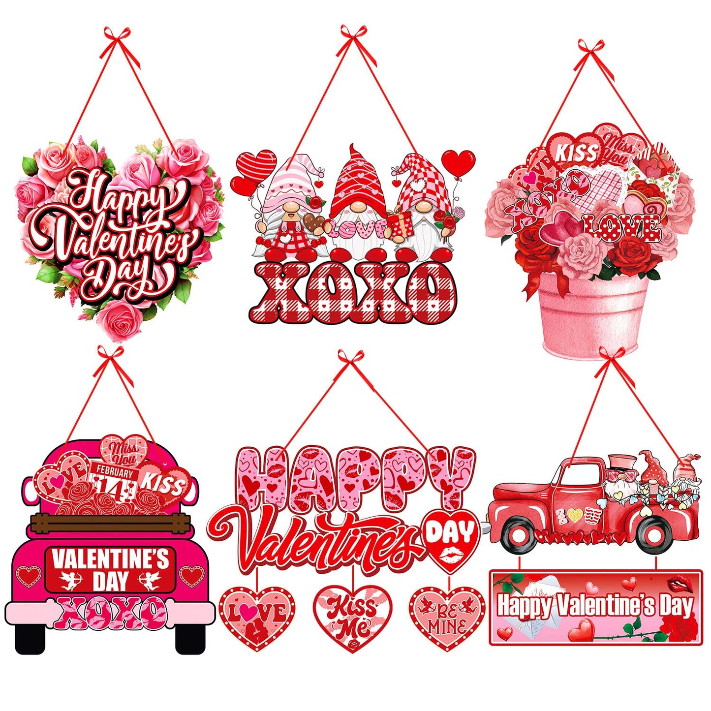 Pink-Red Valentines-Day Front-Porch Door Hanger-Decor - 6pcs Love Romantic Special Night Galentines Party Paper Signs Banners,Engagement Wedding Anniversary Wall Hanging Decorations Lasting Surprise