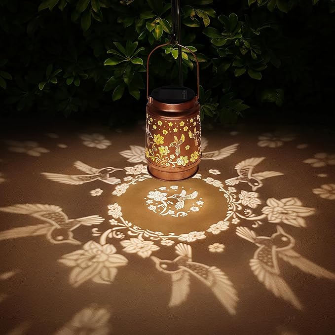 2 Pack Solar Lanterns Outdoor Waterproof Hummingbird Garden Decor Birthday Gifts for Women Mom Grandma Hanging Solar Lights Metal Solar Decoration Outside for Yard,Patio,Backyard,Porch