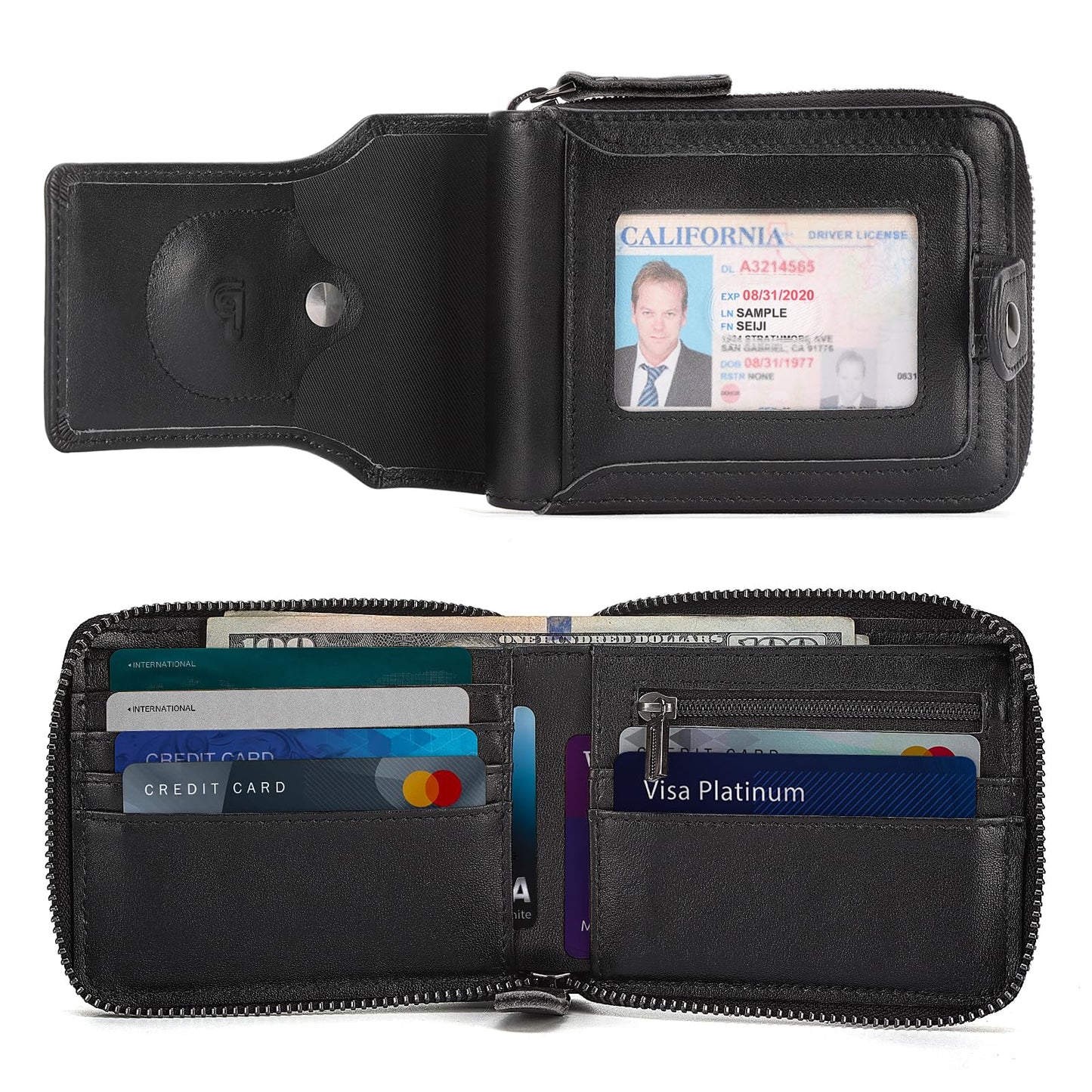 Polare Napa Leather Wallet for Men Bifold RFID Blocking Cash Credit Card Case with Air Tag Slot and YKK Zip Coin Pocket (Black with AirTag Slot)