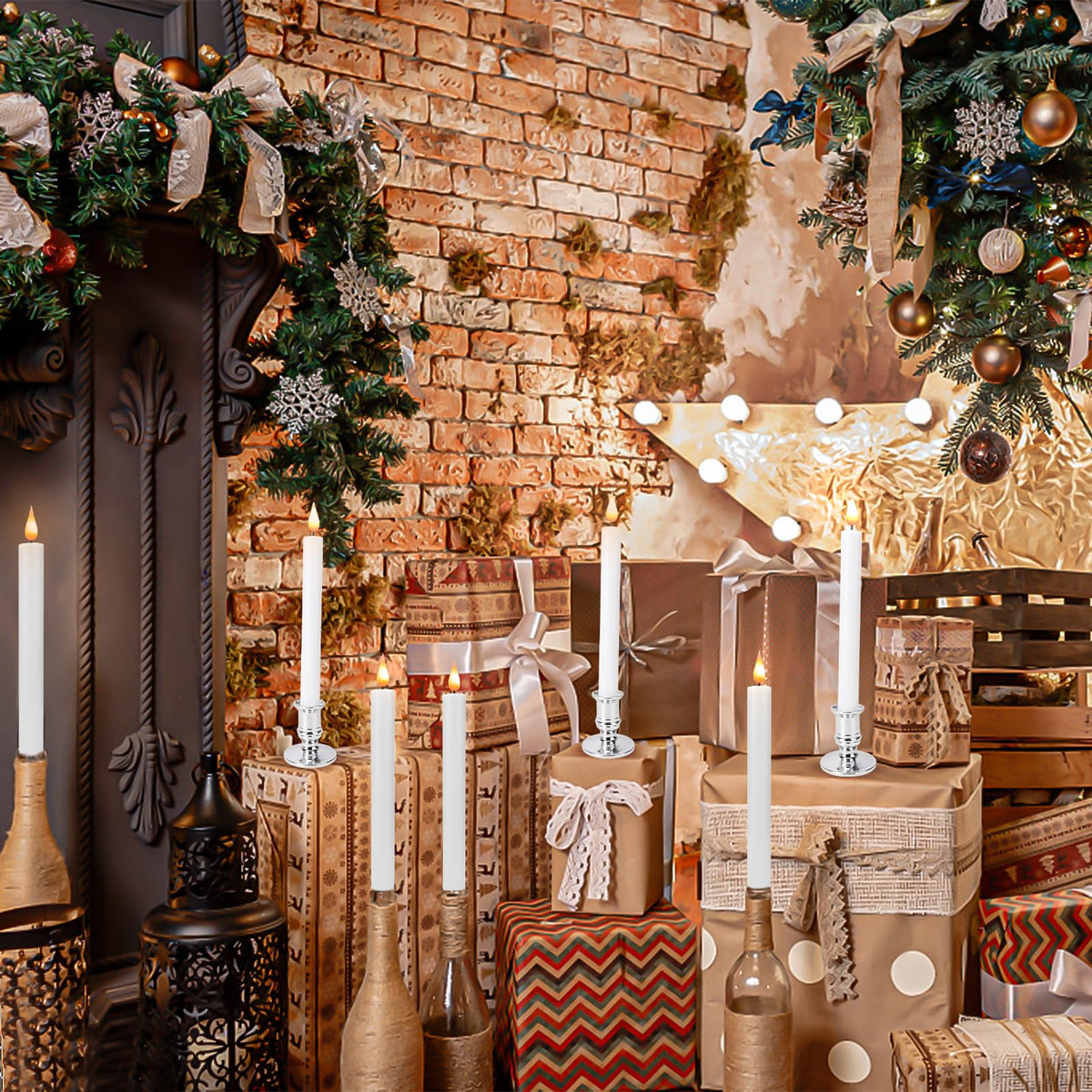 Bolamp LED Flameless Window Candles with Remote Timer Sliver Base 10 PCS Battery Operated Flickering Taper Candle Lights with Removable Candle Holders Best Gift for Xmas Wedding Home Dinner Décor