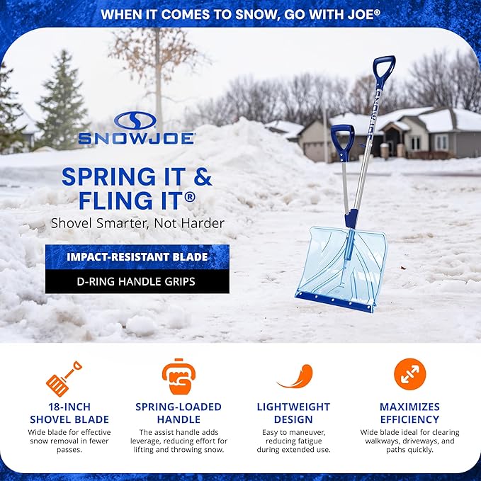 Snow Joe Snow Shovel, Shovelution Strain-Reducing Ice Remover w/ Assist Handle, 18", Blue - Heavy-Duty Blade Tool for Digging and Removing Ice from Driveway, Patio, and Yard, SJ-SHLV02