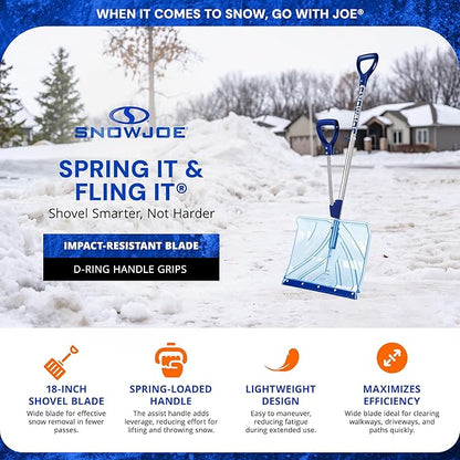 Snow Joe Snow Shovel, Shovelution Strain-Reducing Ice Remover w/ Assist Handle, 18", Blue - Heavy-Duty Blade Tool for Digging and Removing Ice from Driveway, Patio, and Yard, SJ-SHLV02