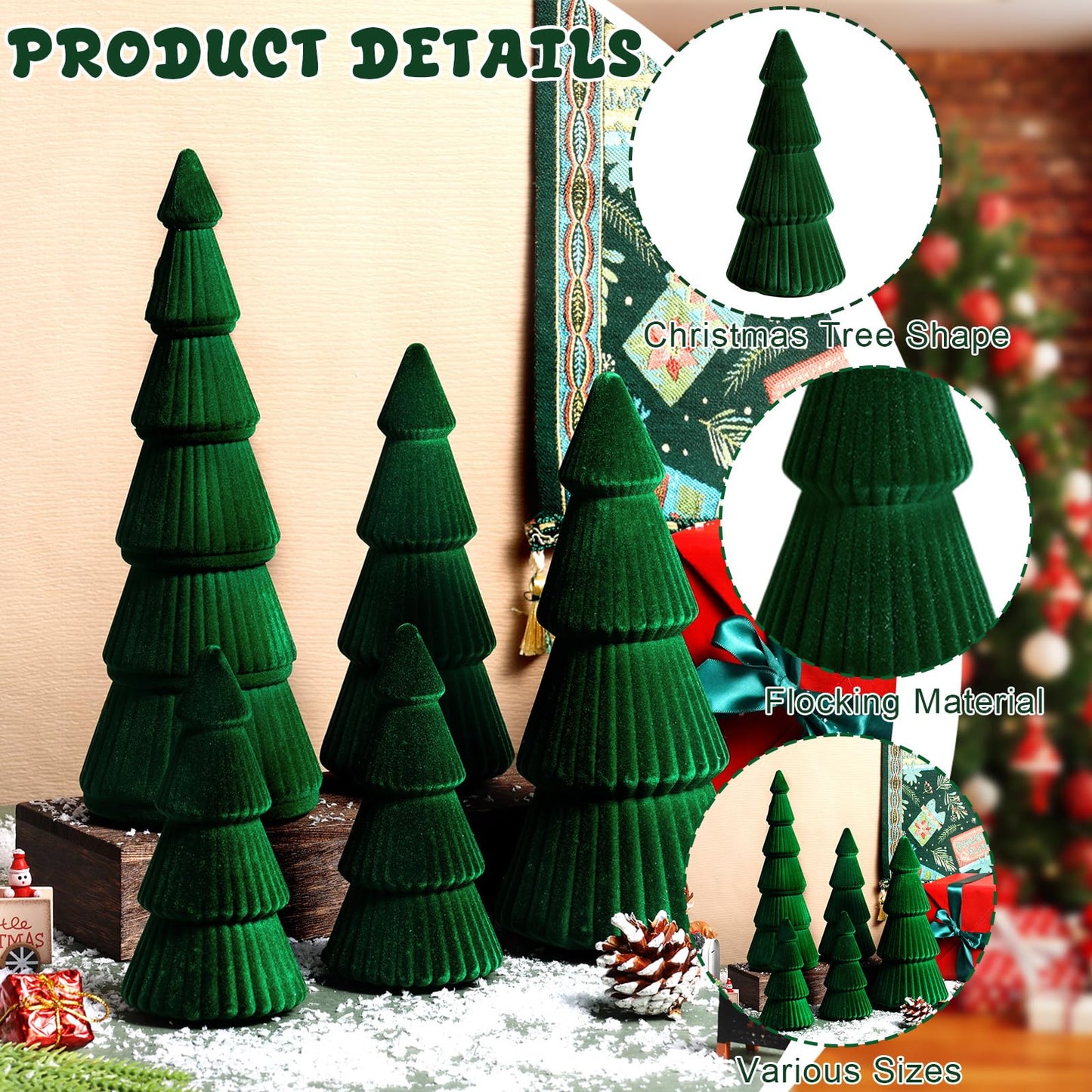 5 Pieces Christmas Velvet Trees Set Modern Christmas Decor 4 Szies Christmas Velvet Cone Trees Table Decoration Winter Decoration for Entryway Mantle Farmhouse(Green)
