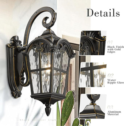 Emliviar Vintage Outdoor Lighting Fixture Wall Sconces with Water Ripple Glass, 17.5" Front Porch Wall Lantern, Black Finish with Gold Edges, WE215B-SW BG