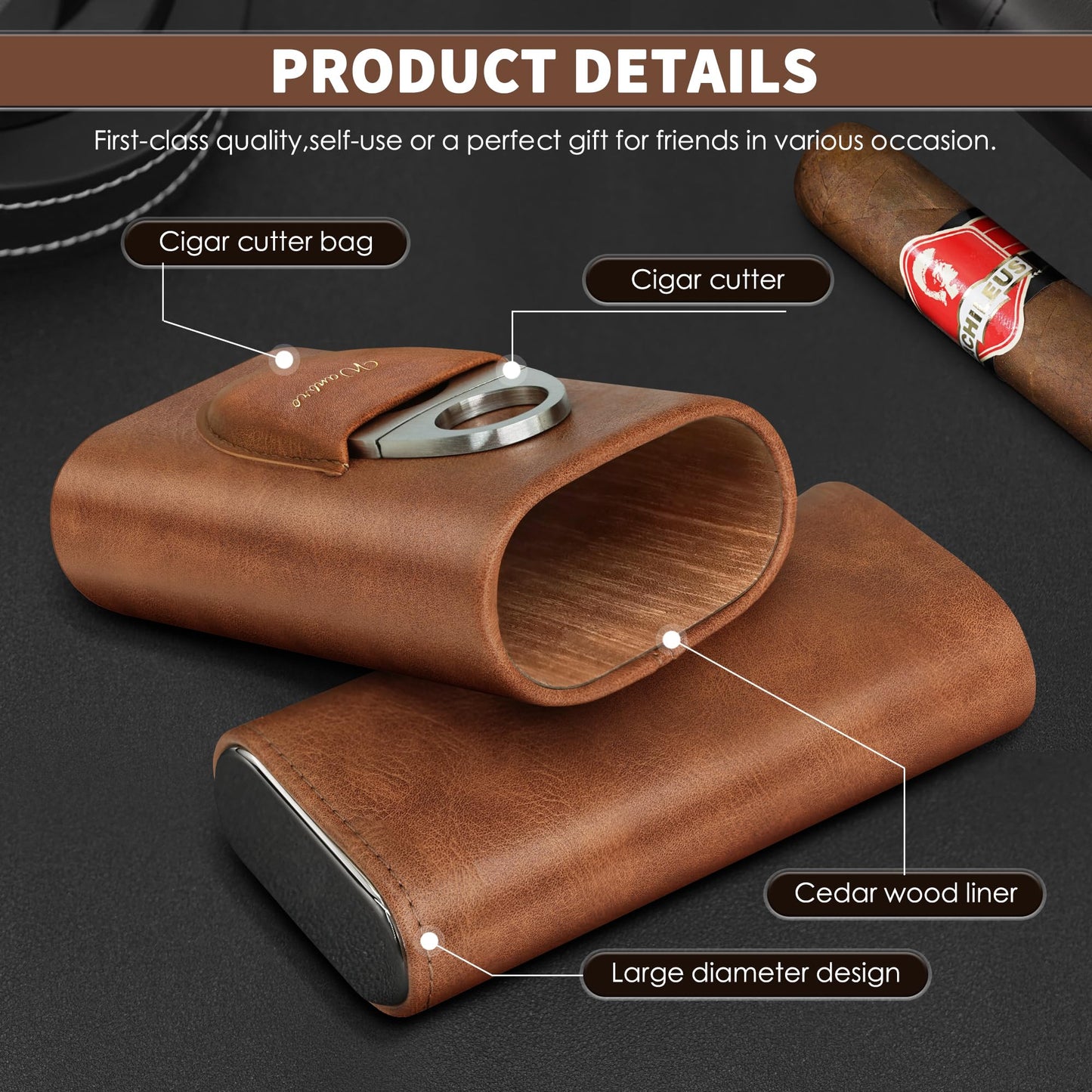 wanbro Cigar Case, 3pcs Holder, Cigars Travel Case, Cedar Lined, Leather Made Cigar Humidor with Stainless Cutter, Christmas gift for men dad