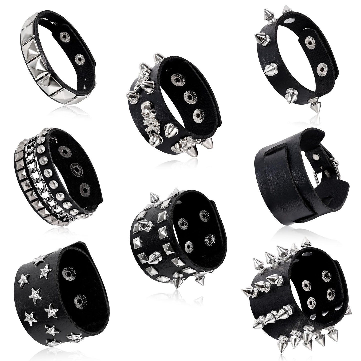 LOAYHOAY 8PCS Spiked Studded Bracelets Cuff for Men Women Black Punk Goth Leather Bracelet Emo Rivet Bracelet Adjustable Rock Pop 80s 90s Retro Button Metal Wrap Wristbands Halloween Accessories C