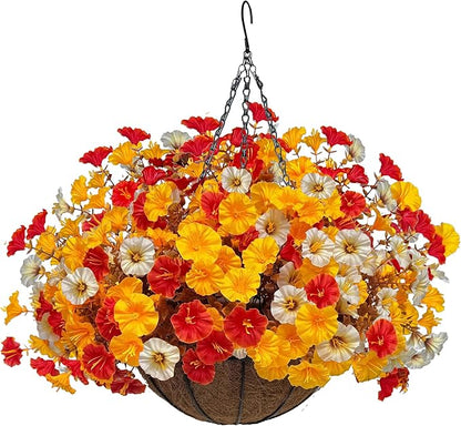 Artificial Fall Flowers with Hanging Baskets Outdoors, Faux mums for Outdoor planters, Fake Mums Petunia Artificial Hanging Plants UV Resistant for Autumn Porch Garden Home Yard Decor (Early Harvest)