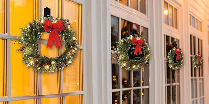 4Pack Solar Christmas Wreath Pre-Lit Solar 50 Led Artificial Wreath Outdoor Front Door Window Christmas Decorations with Frosted Branches Berry Clusters Red Velvet Bows (2401-4pk)