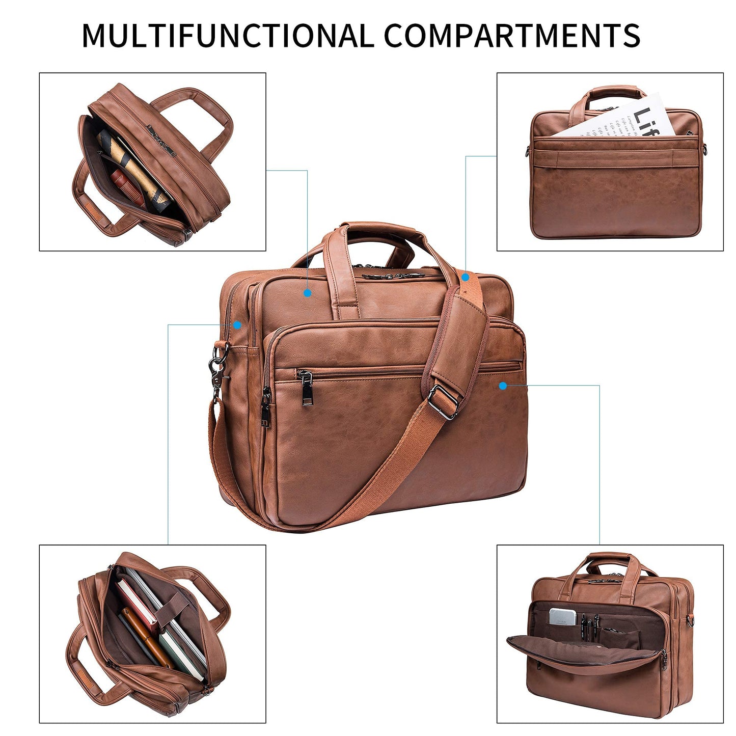 Leather Laptop Bag, Men's 15.6 Inches Messenger Briefcase Business Satchel Computer Handbag Shoulder Bag Fits 15.6 Inch Laptop, Computer, Tablet Brown