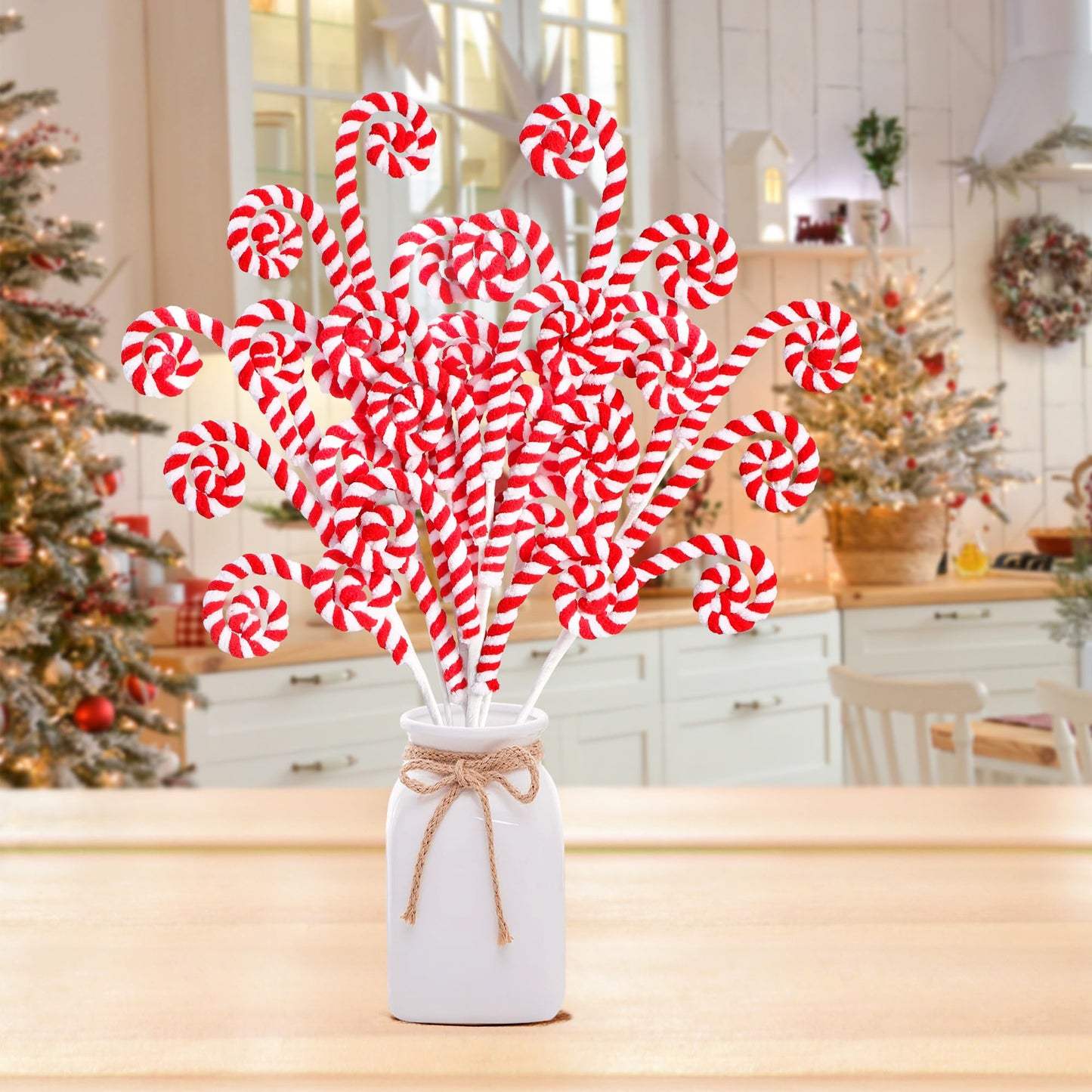 Sggvecsy 6 Pcs Christmas Tree Decoration Woolen Bells Candy Cane Shape Picks Lollipop Curly Pick Ornaments Xmas Tree Topper for Party Vase Filler Home Office Decor (Red)