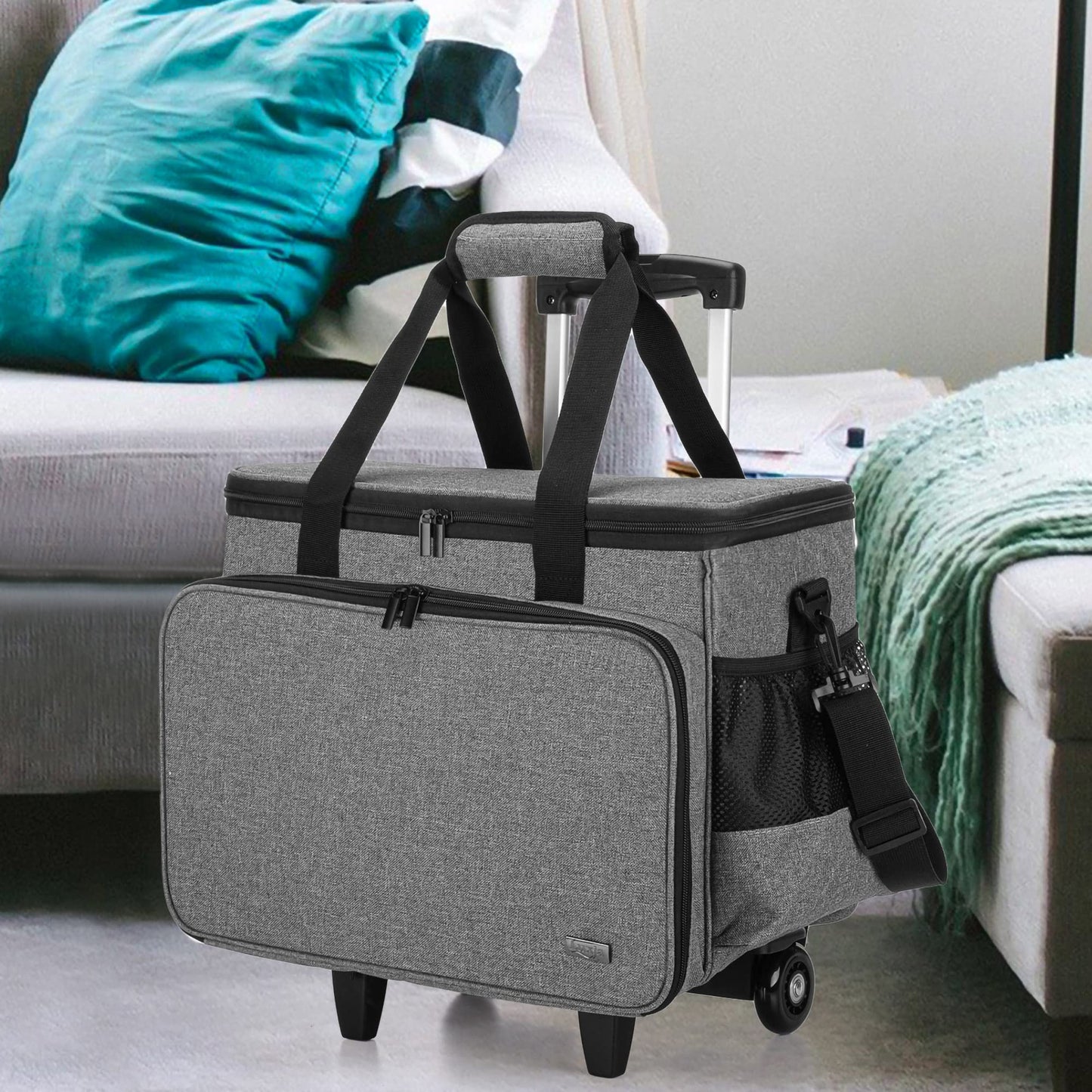 LUXJA Sewing Machine Case with Detachable Dolly and Removable Bottom Pad, Rolling Tote Fits Most Standard Machines, Gray