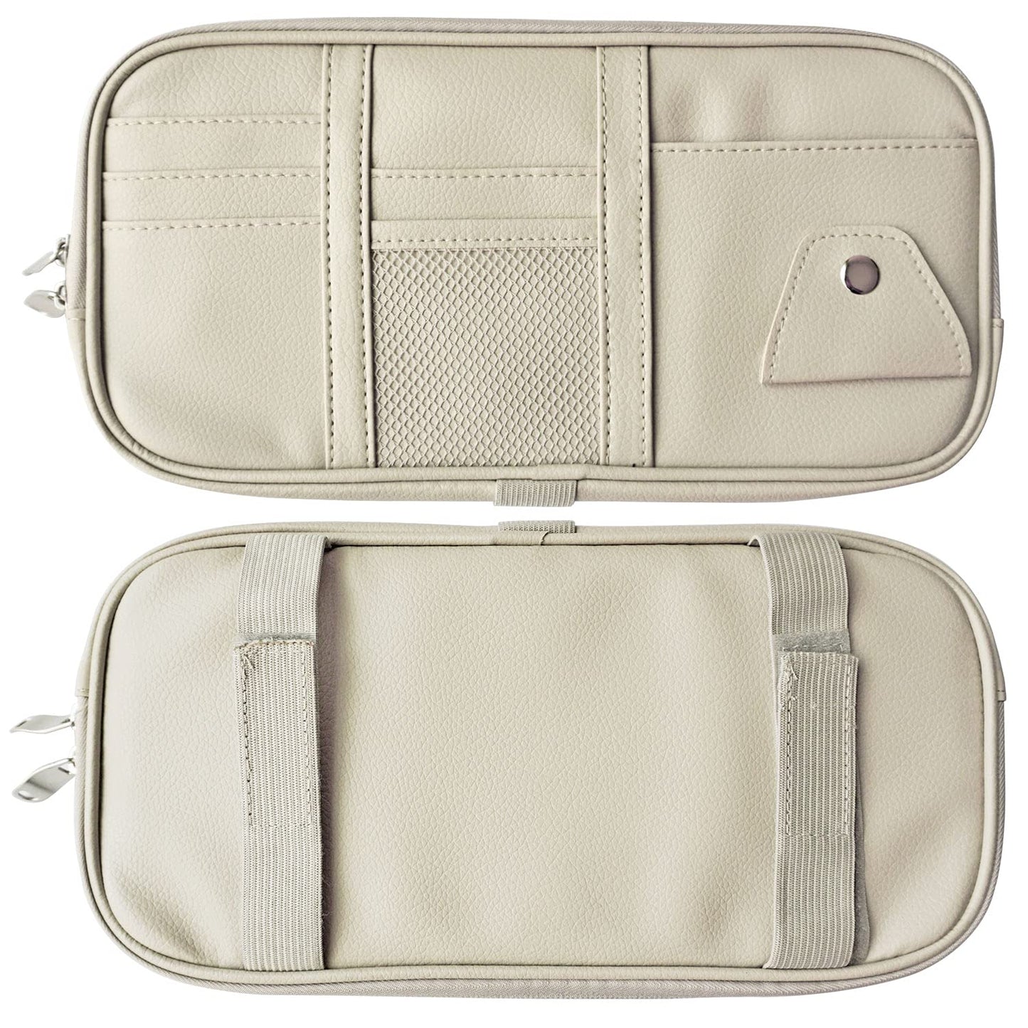 Da by Car Visor Organier Truck SUV Sun Visor Storage Pocket PU Leather Pouch Holder with Multi-Pocket Double Zipper Net Pocket, for Cards Pens Sunglasses Document (Cream Grey)