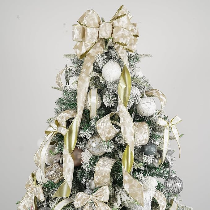 MEEDEE Ivory Velvet Ribbon with Gold Back 2.5 inch 10 Yards Double Sided Christmas Wired Ribbon for Christmas Tree Decoration, Baskets, Wreaths, Holiday Projects, Wedding Decor and Accents