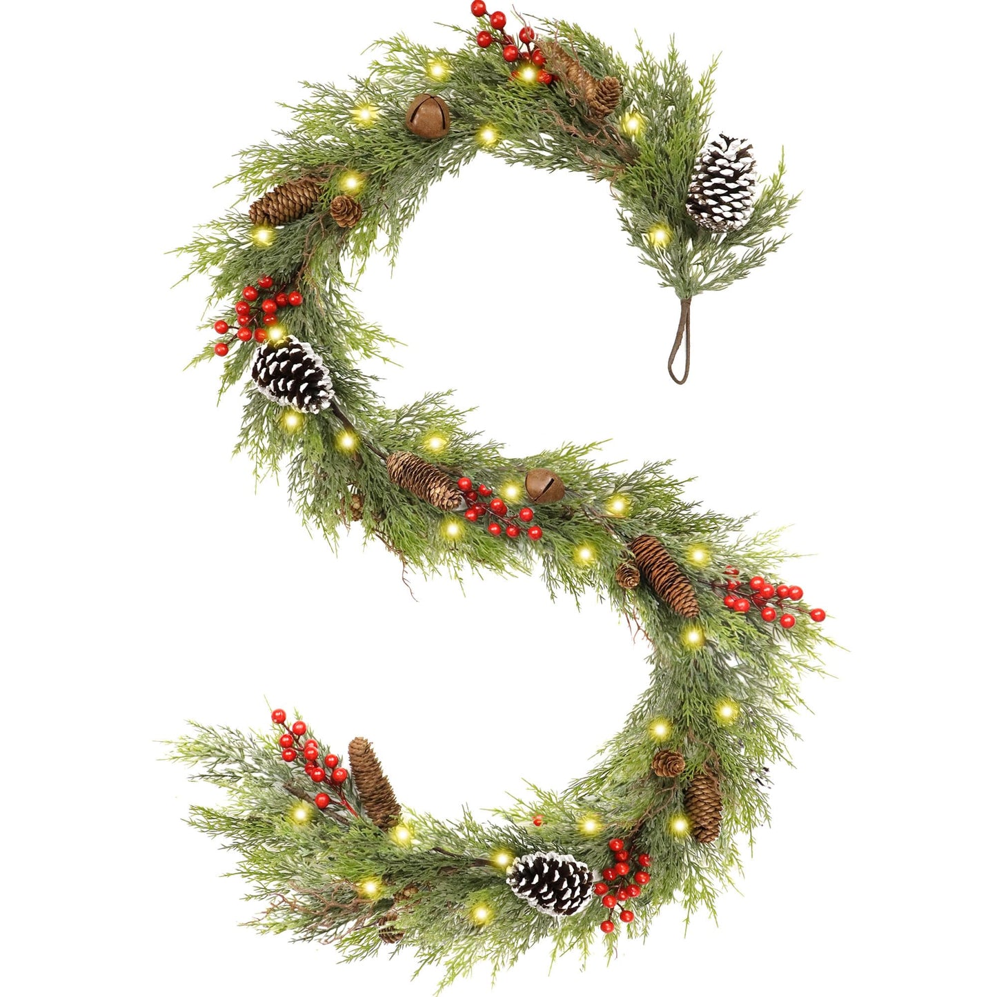 9FT Christmas Cedar Garland with Lights,Artificial Realistic Battery Operated Green Garland Christmas Decorations for Home Mantel Stairs Railing Dining Table Winter Decor
