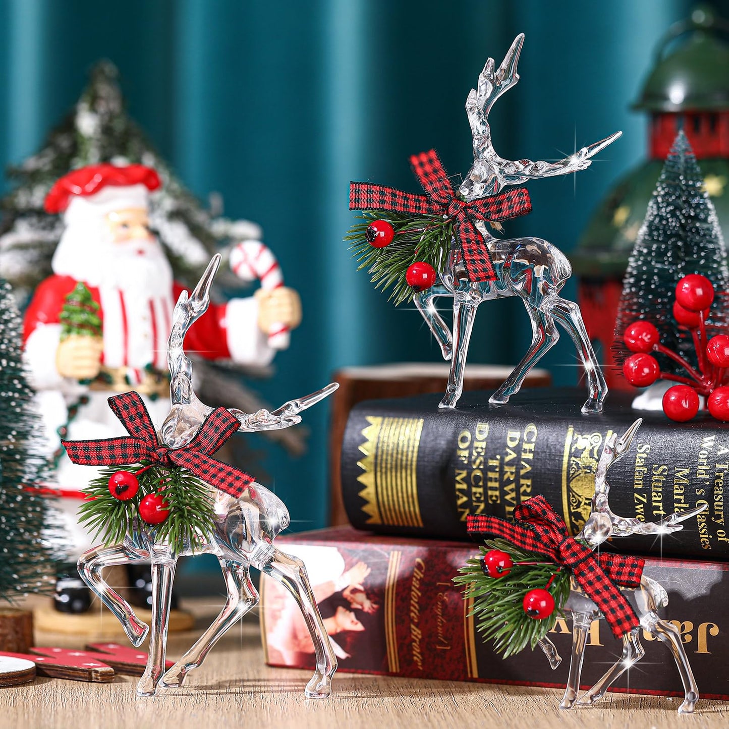 Jenaai 3 Pcs Christmas Reindeer Figurine Acrylic Reindeer Desk Decorations Deer Figurine Christmas Centerpieces for Tables with Green Pine Needle and Red Berries for Party Supplies