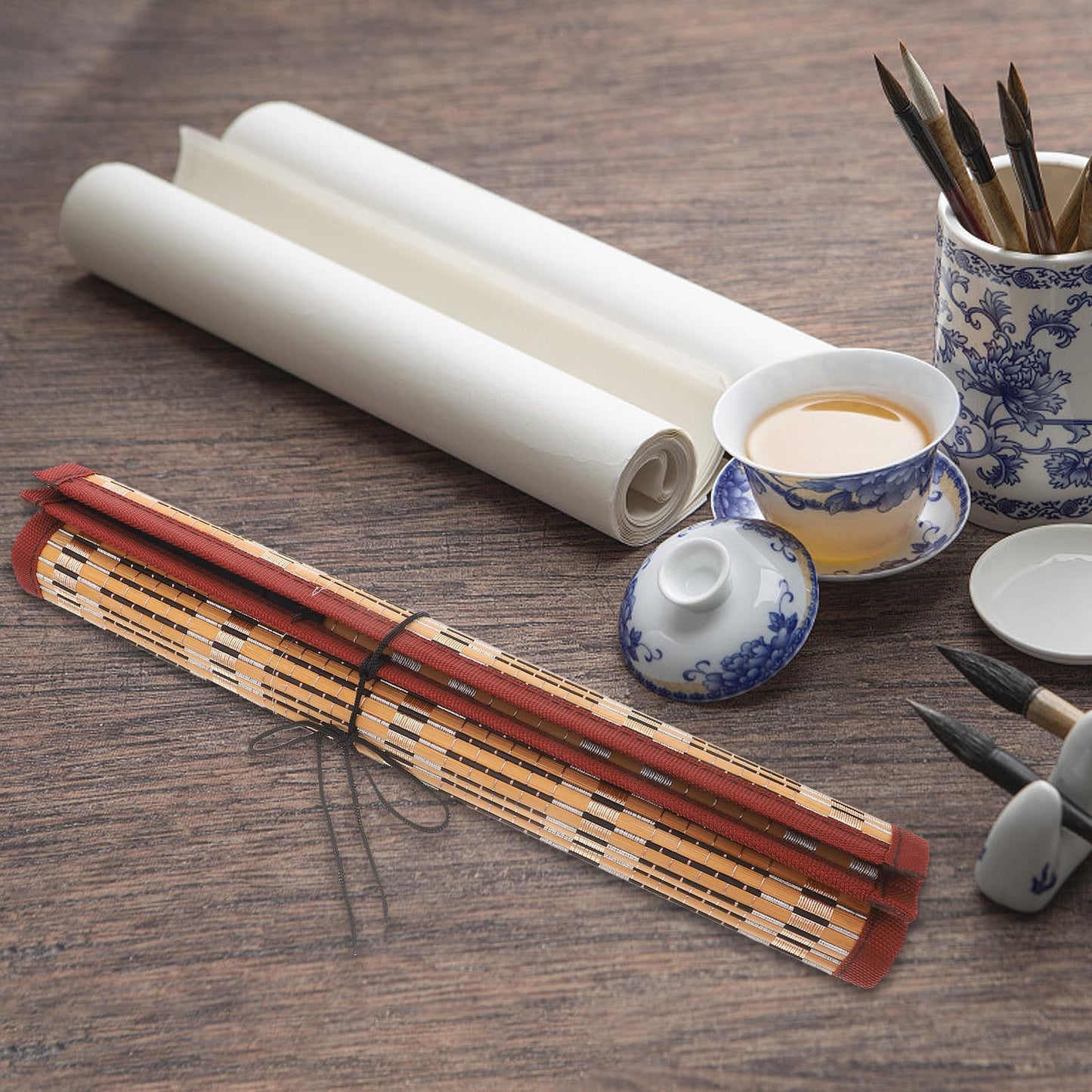 NUOBESTY Roll-up Bamboo Brush Holder Portable Calligraphy Pen Storage Organizer Writing Brush Holder for Painters Artist Students