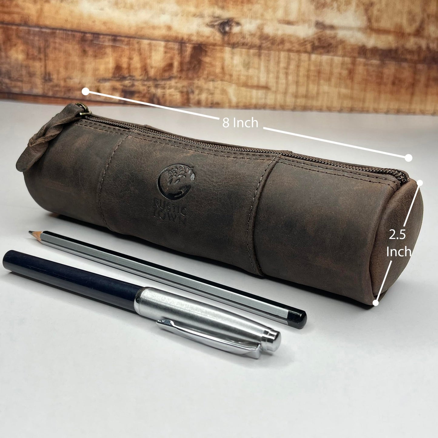 Leather Pencil Case - Full Grain Leather Zippered Pen Pouch - Stationery Bag Pen Holder for Work & Office, Walnut, M, Professional Pencil Case