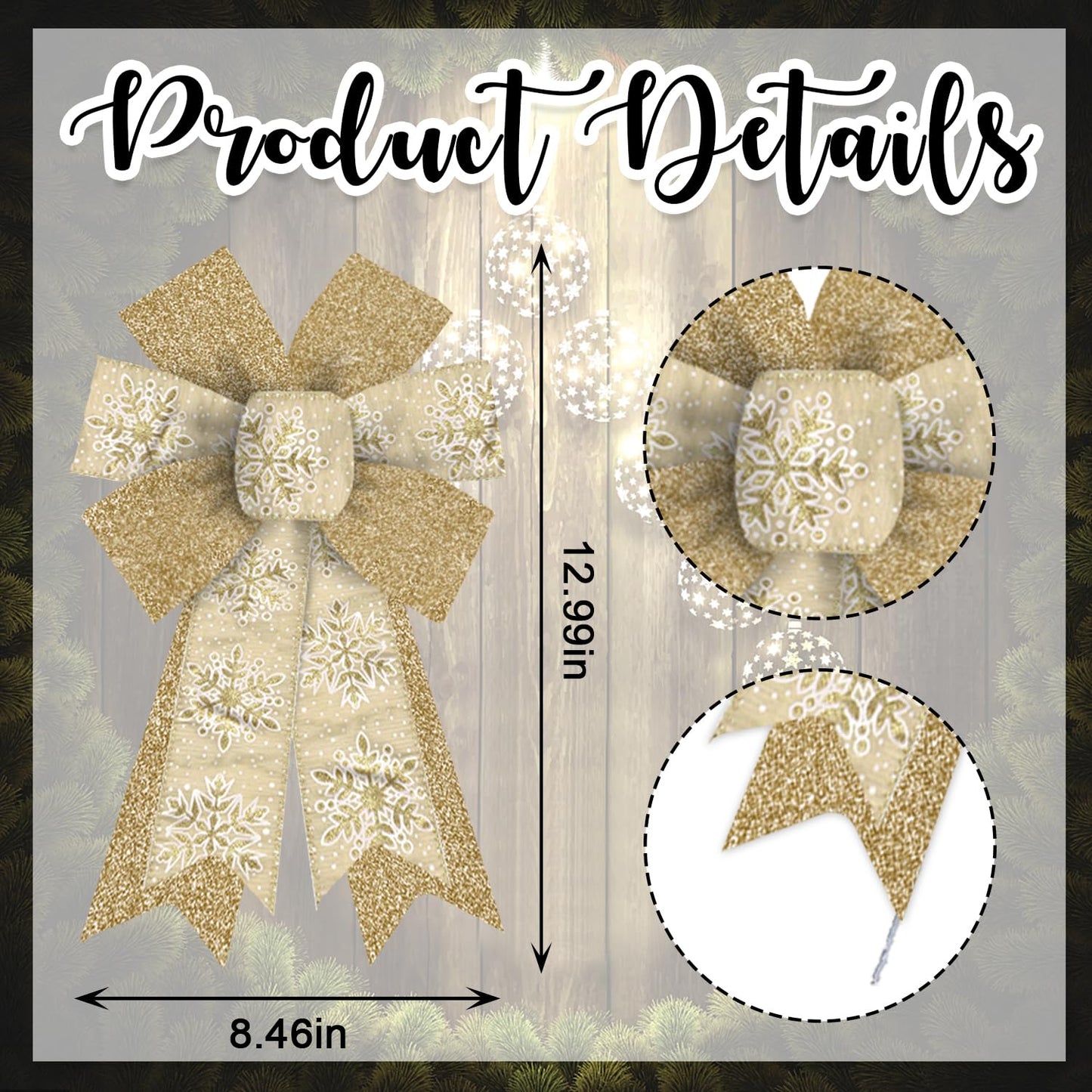 Hying 2 Pieces Christmas Bows for Wreath, Christmas Wreath Bow Glitter Golden Xmas Bows Winter Snowflake Craft Bows Ornaments for Front Door New Year Christmas Party Decoration Supplies