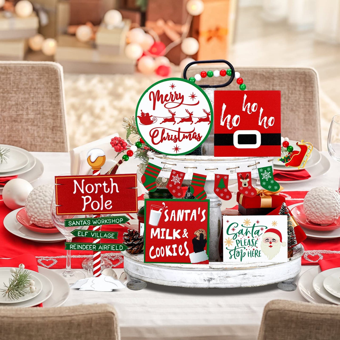 Bucherry 12 Pieces Christmas Santa Claus Tiered Tray Decor Red White Winter Farmhouse Christmas Wooden Signs Decoration for Home Room Table Fireplace