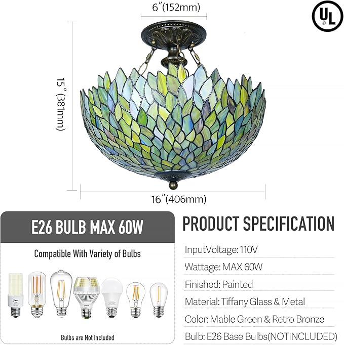 Tiffany Ceiling Light Fixture Green Wisteria Stained Glass Semi Flush Mount Lamp Wide 16 Inch Height 15 Inch Tiffany Ceiling Lamp
