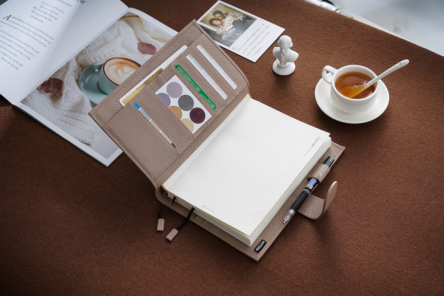 Moterm Leather Cover for A5 Notebooks - Fits Hobonichi Cousin, Stalogy and Midori MD Planners, with Pen Loop, Card Slots and Back Pocket (Pebbled-Taupe)