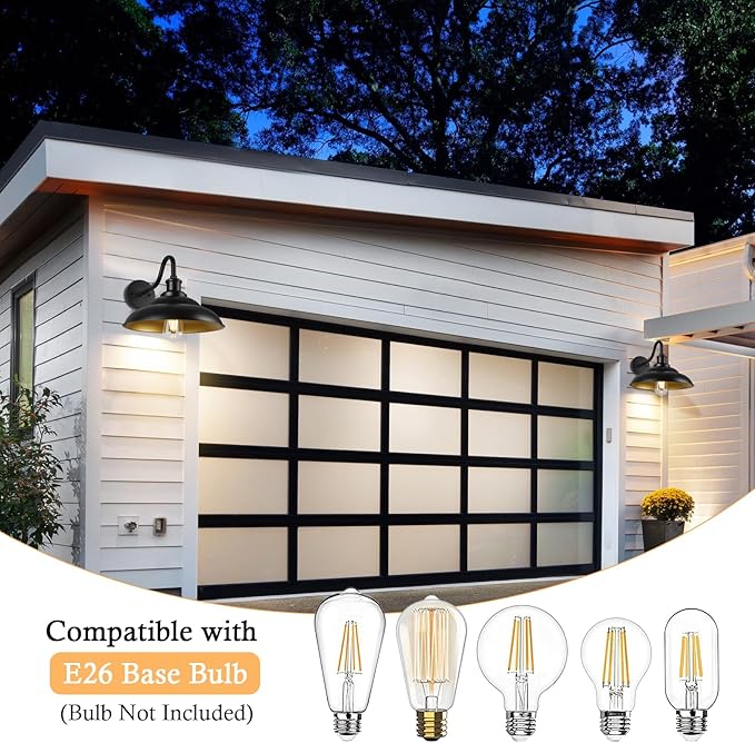 Outdoor Gooseneck Barn Light, 12 Inch Farmhouse Exterior Wall Mount Light, Outdoor Sconce Wall Lighting Fixture, Outside Industrial Black Lantern, Gold Interior, 3 Pack