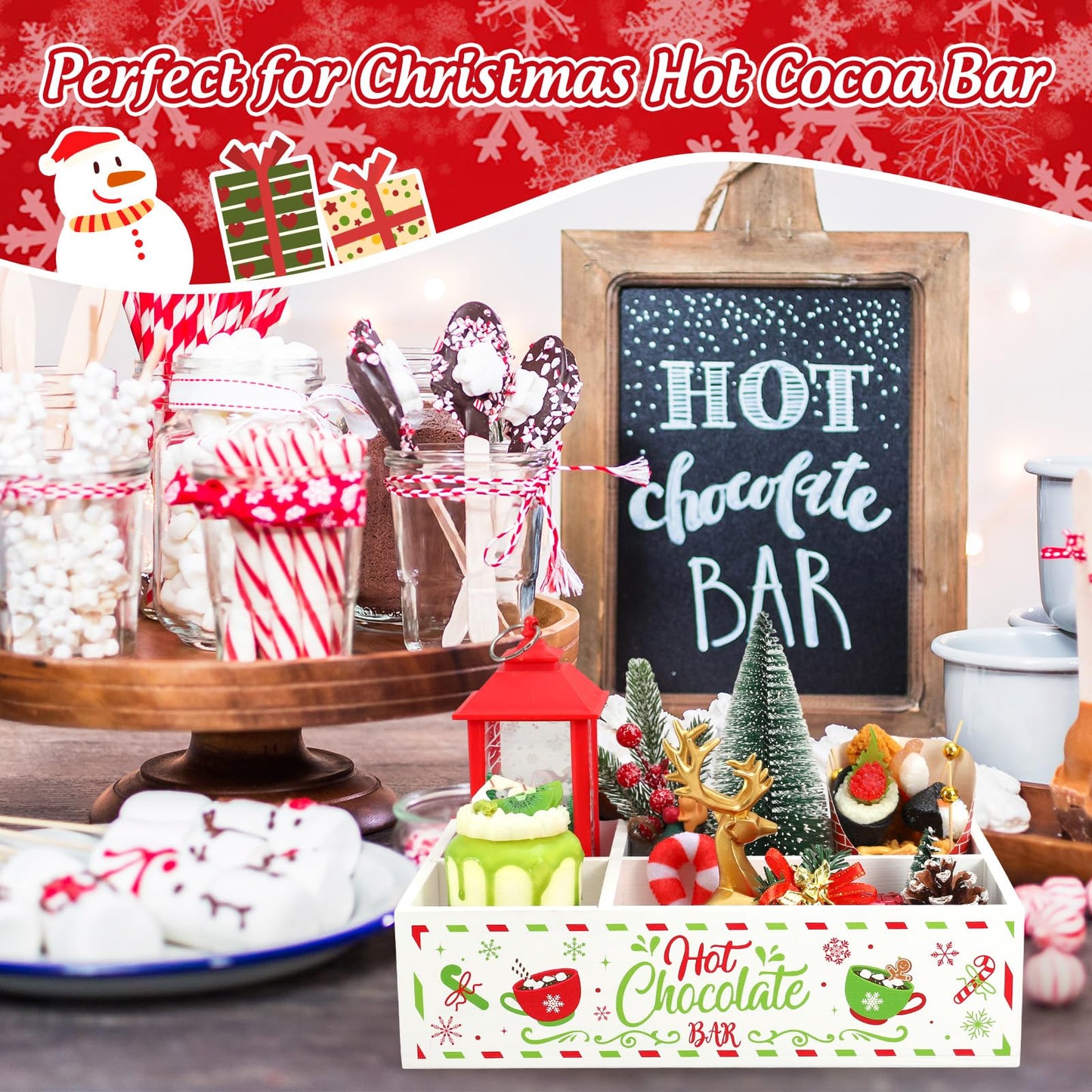 FYSUIMU Christmas Hot Cocoa Wood Storage Box Red-Green Xmas Rustic Wooden Organizer Bins Tabletop with 4 Compartments for Holiday Farmhouse Party Home Office Kitchen Decor