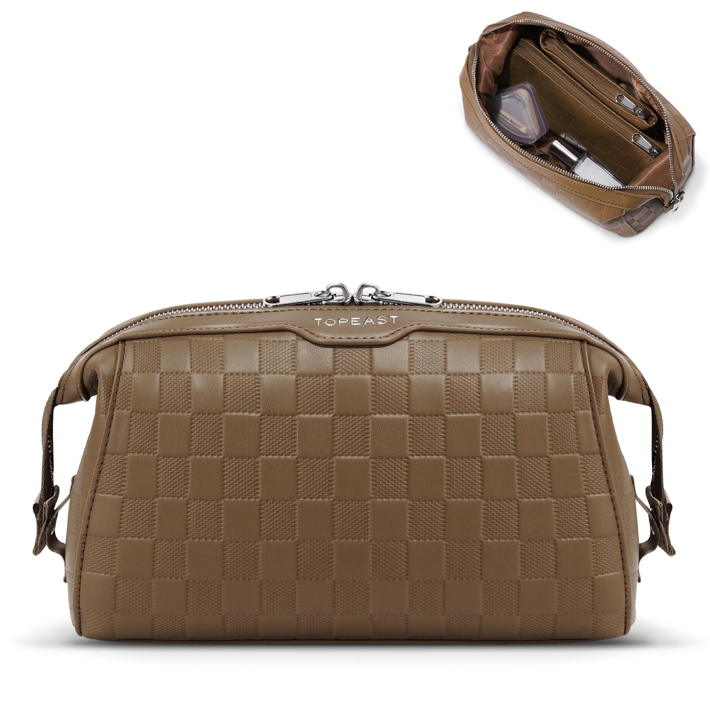 TOPEAST Travel Makeup Bag Cosmetic Bags for Women, 3 Pcs Set Make Up Toiletry Bag with Removable Zip Purse, Waterproof Leather Makeup Brush Organizer for Travel Essentials, Brown