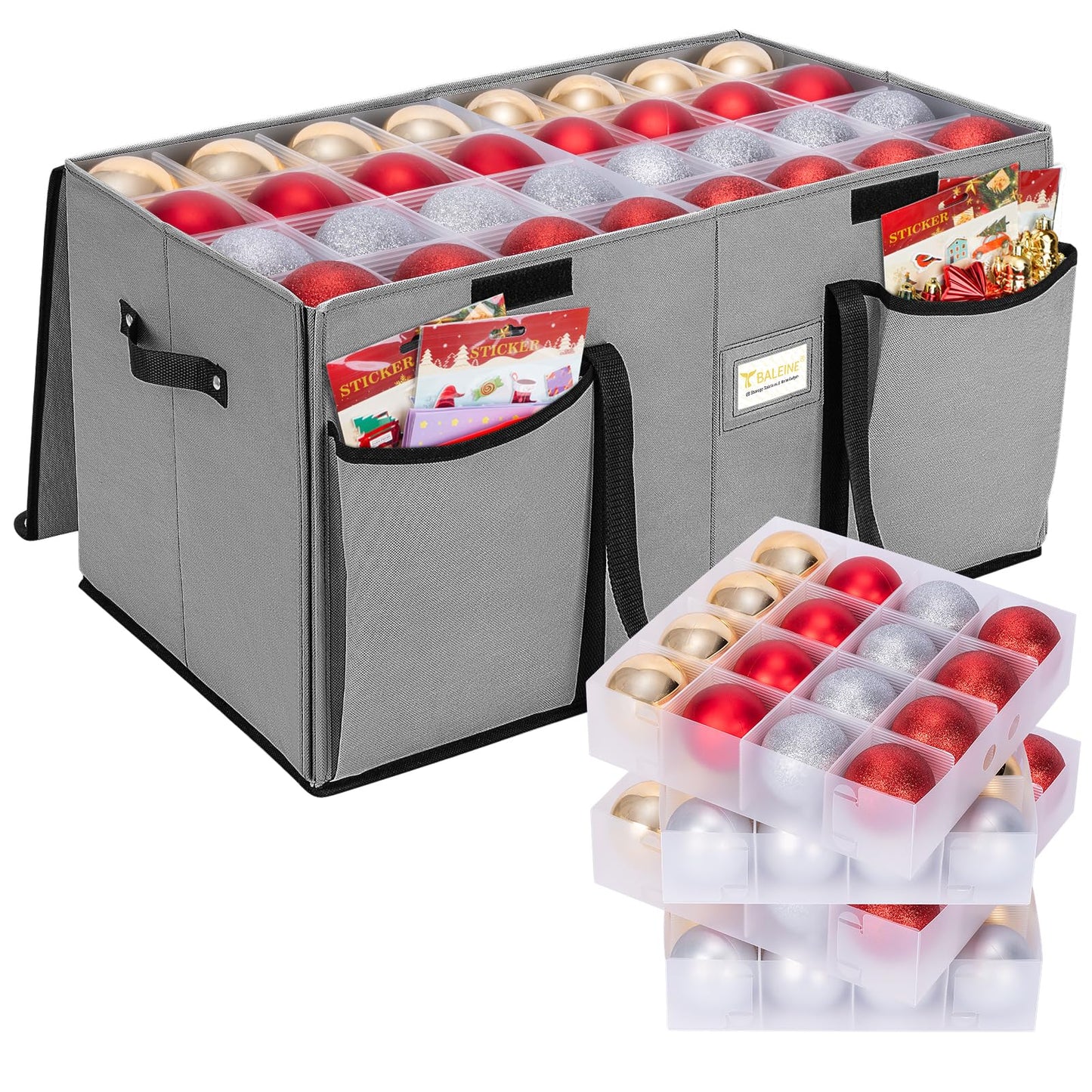BALEINE Christmas Ornament Storage Box with Dividers, Premium Holiday Ornaments Storage Container Bin for Xmas Decorations (128 Ball, Grey, Hard)