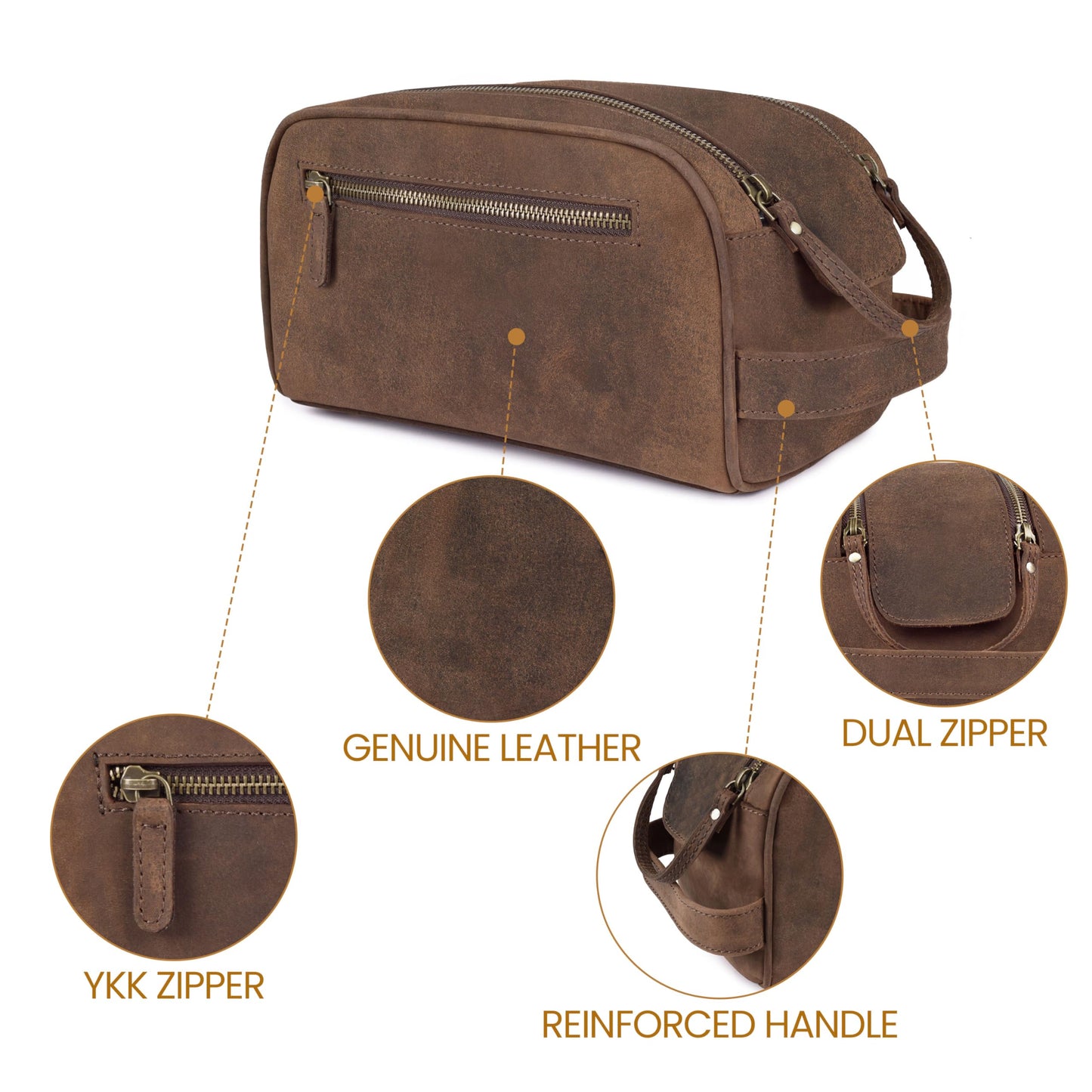 Leather Toiletry Travel Bag with Waterproof Lining, Large Capacity Vintage Dopp Kit, Shaving & Cosmetic Organizer for Men & Women - Brown