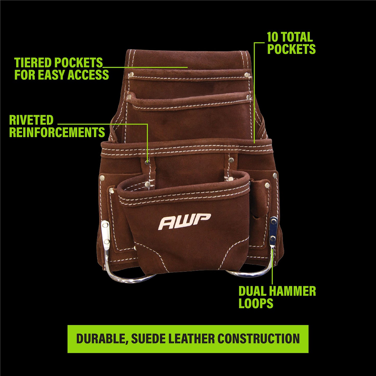 AWP Premium Tool Pouch, 10 Pocket | Durable 1680D Polyester + Multi-Pocket Organization | Belt-Worn Design with Carabiner Clip | Jobsite Tool Organizer for Electricians & Contractors