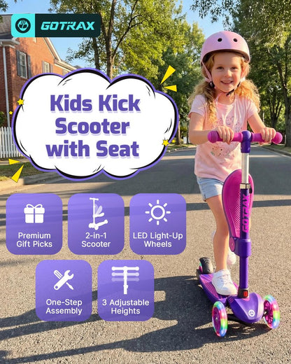 Gotrax KS3 Kids Kick Scooter, LED Lighted Wheels, Adjustable Height Handlebars and Removable Seat, Lean-to-Steer & Widen Anti-Slip Deck, 3 Wheel Scooter for kids Ages 2-8 and up to 100 Lbs (Purple)