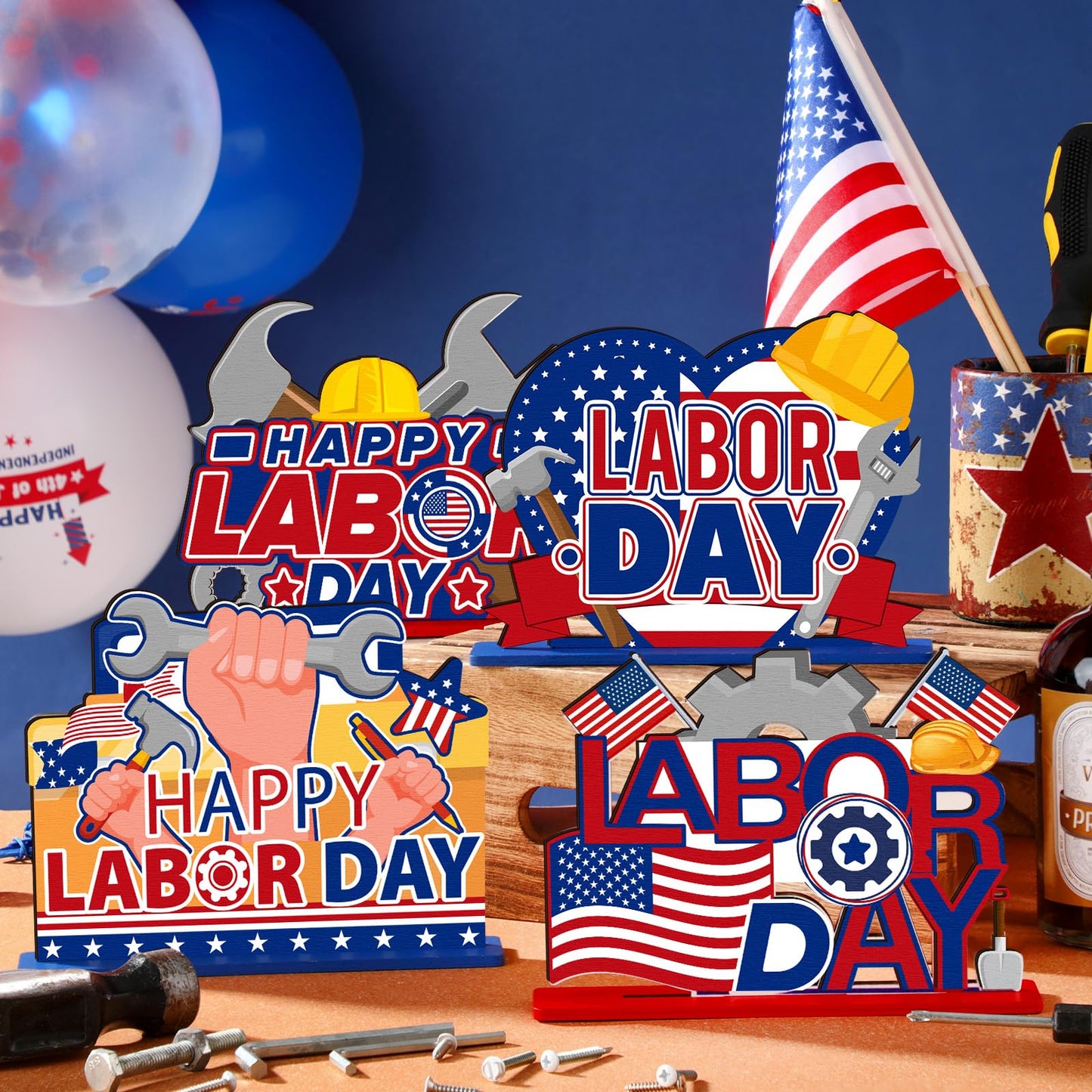 6 Pcs Labor Day Decoration Wooden Party Table Centerpieces Supplies Patriotic Theme Table Decorations for American Labor Day Party