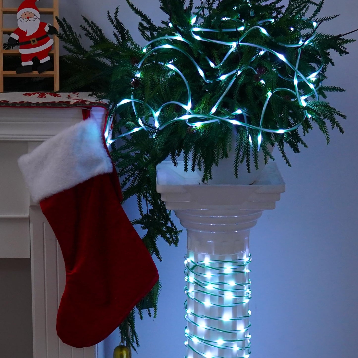 QITONG Solar Christmas Lights Outdoor, 2 Pack Each 33ft 100 LED Green and White Candy Cane Rope Lights, Fairy Lights in Clear Thin Tube with 8 Modes