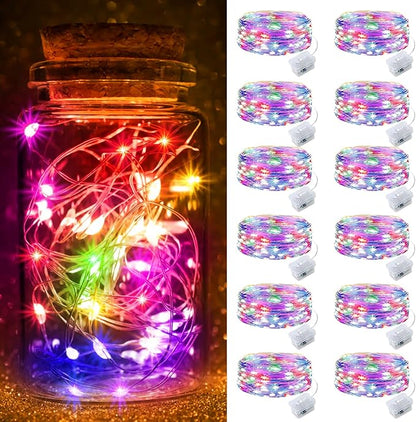 pozzolanas 12 Pack Multi-Colored Fairy Lights Battery Operated 3 Modes 7FT 20 LED Waterproof String Lights Twinkle Silver Wire for Mason Jars Wedding Christmas Halloween Decor (12, Multi-Colored)