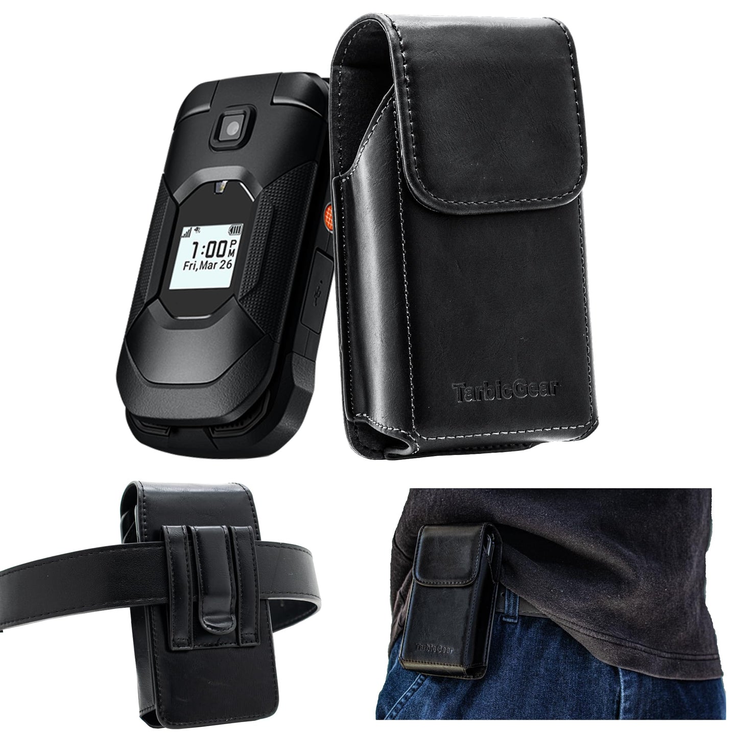 TarbicGear Leather Flip Phone Case with Belt Clip, Pouch for Kyocera & TCL & Nokia Flip Phone Holster for Belt, Cat S22 Case, Phones Sheath, Sonim XP3 Plus Magnetic Phones Pouch (Black)