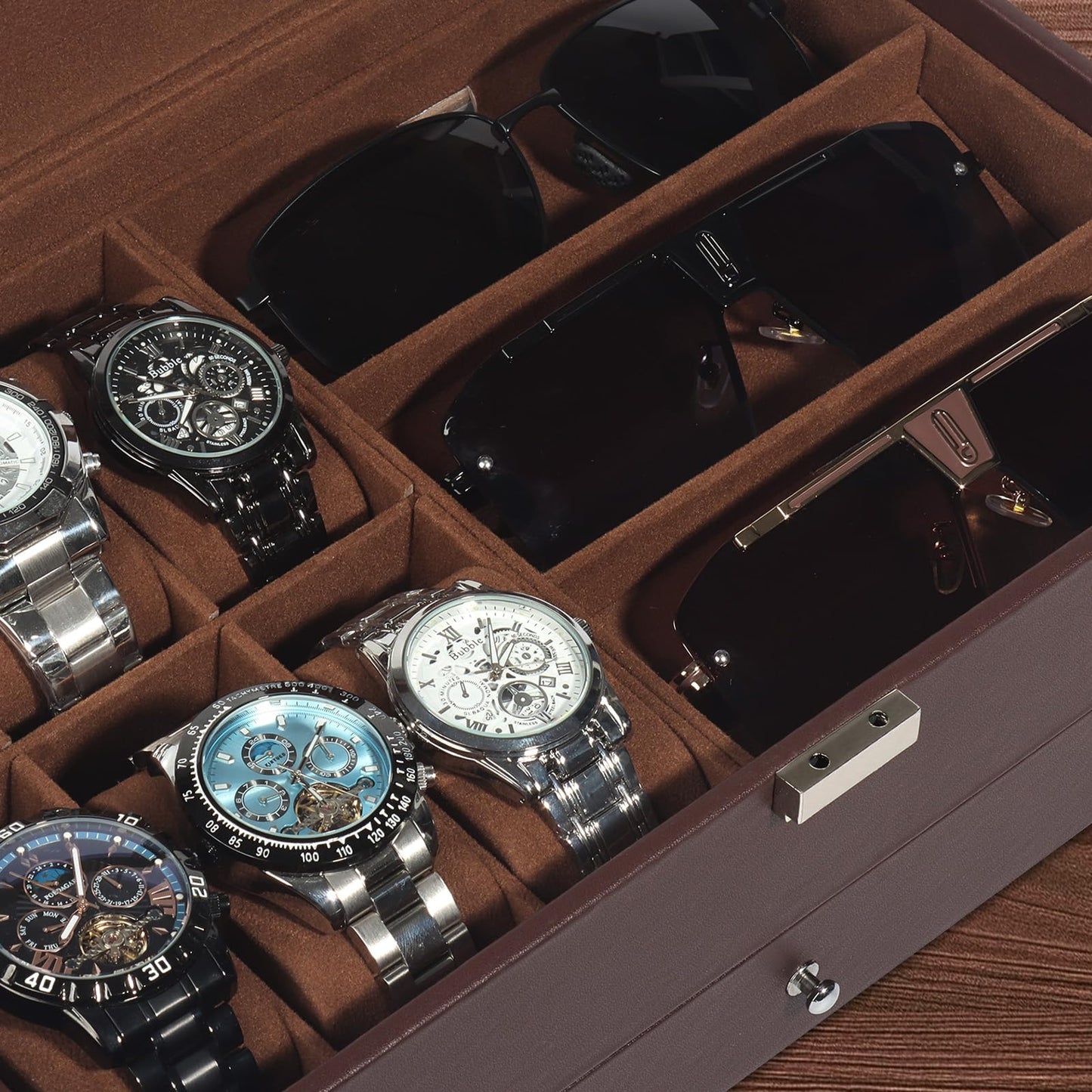 GLJ Jewelry Box for Men, 6 Slot Watch Box Jewelry Organizer With Drawer, Watch Case for Men with Large Window, 2-Layer Watch Holder, Sunglasses Storage Organizer, Velvet Lining, Fathers Day Gift