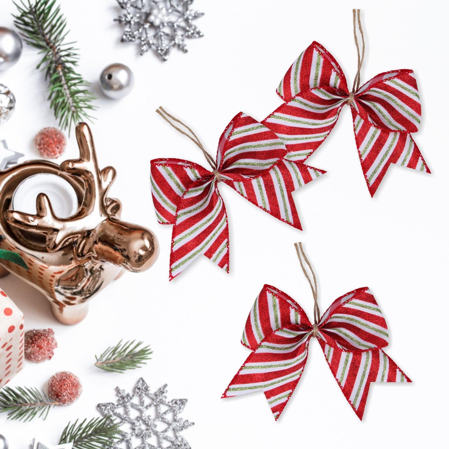Meseey 12 Pcs Christmas Candy Cane Bows 6 Inch Red and Green Glitter Stripe Lollipop Peppermint Hanging Christmas Wreath Bow for Xmas Door Garland DIY Candy Themed Party Supplies(Red Stripe)