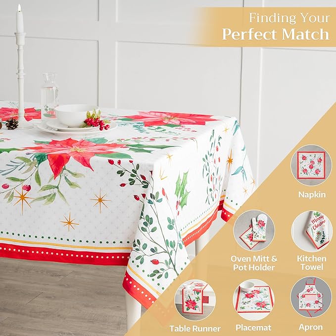 Maison d' Hermine Table Cloth Rectangle Table 100% Cotton 54 x 72 Inches Fall Tablecloth Reusable Everyday Use for Thanksgiving Christmas Decorations Dining Farmhouse Party (Poinsettia Christmas)