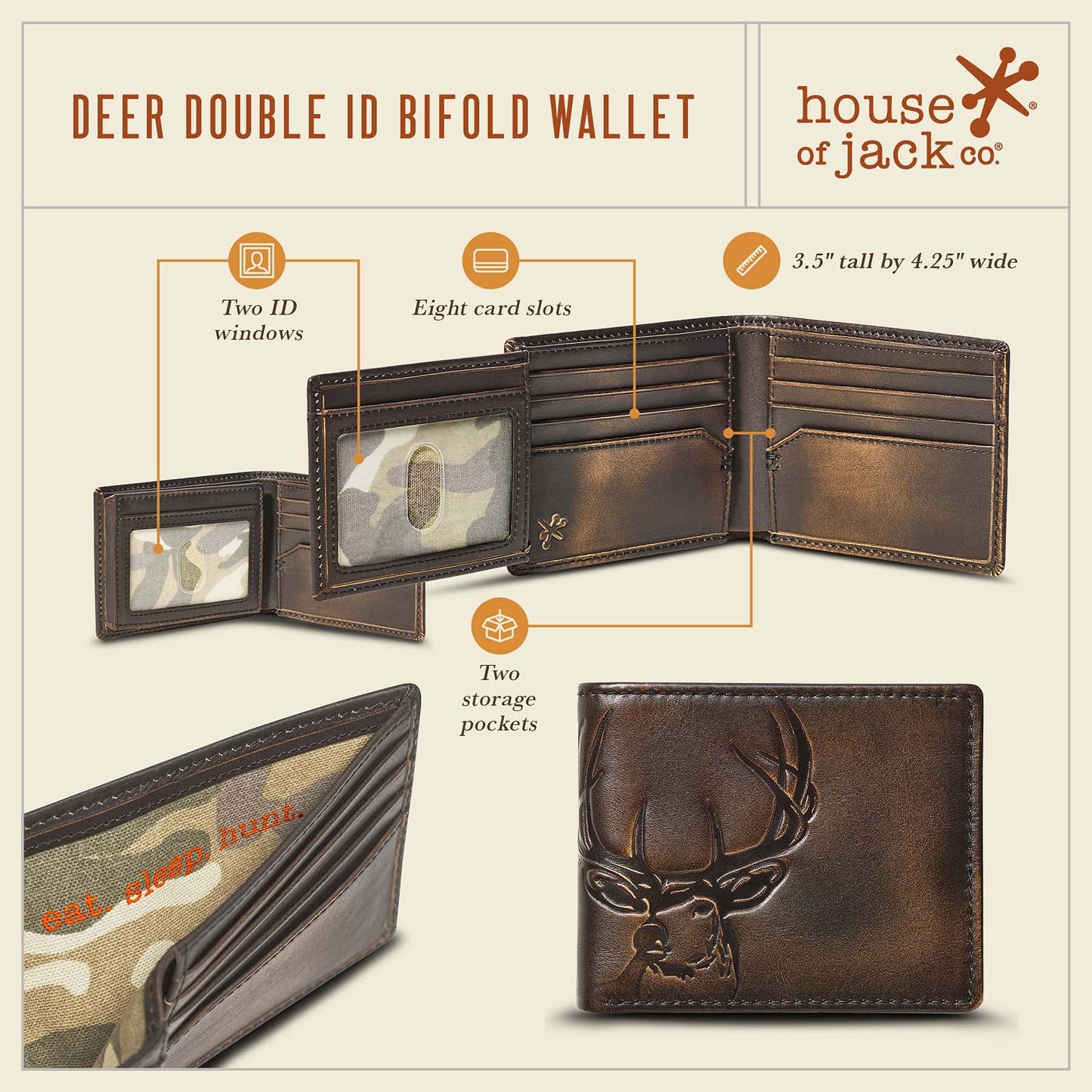 House of Jack Co. Deer Men's Double ID Bifold Wallet, Full Grain Leather Hunting Wallet, 2 ID Windows, 10 Card Slots, Camo Lining, Embossed Whitetail Deer, Hunter Gift for Men, Black