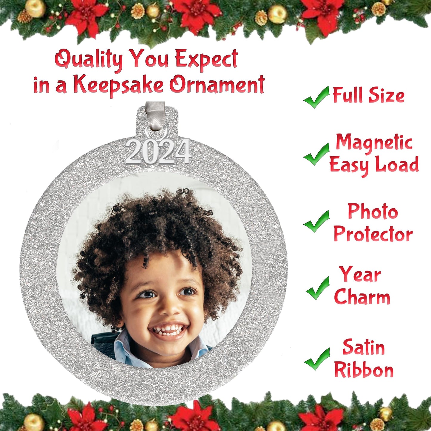 2024 Photo Ornaments for Christmas Tree, Sparkly Glitter Christmas Frame Ornament, Easy-Load Magnetic Design, Includes Satin Ribbon with Silver Charm Plus Photo Protector, Round, Blue