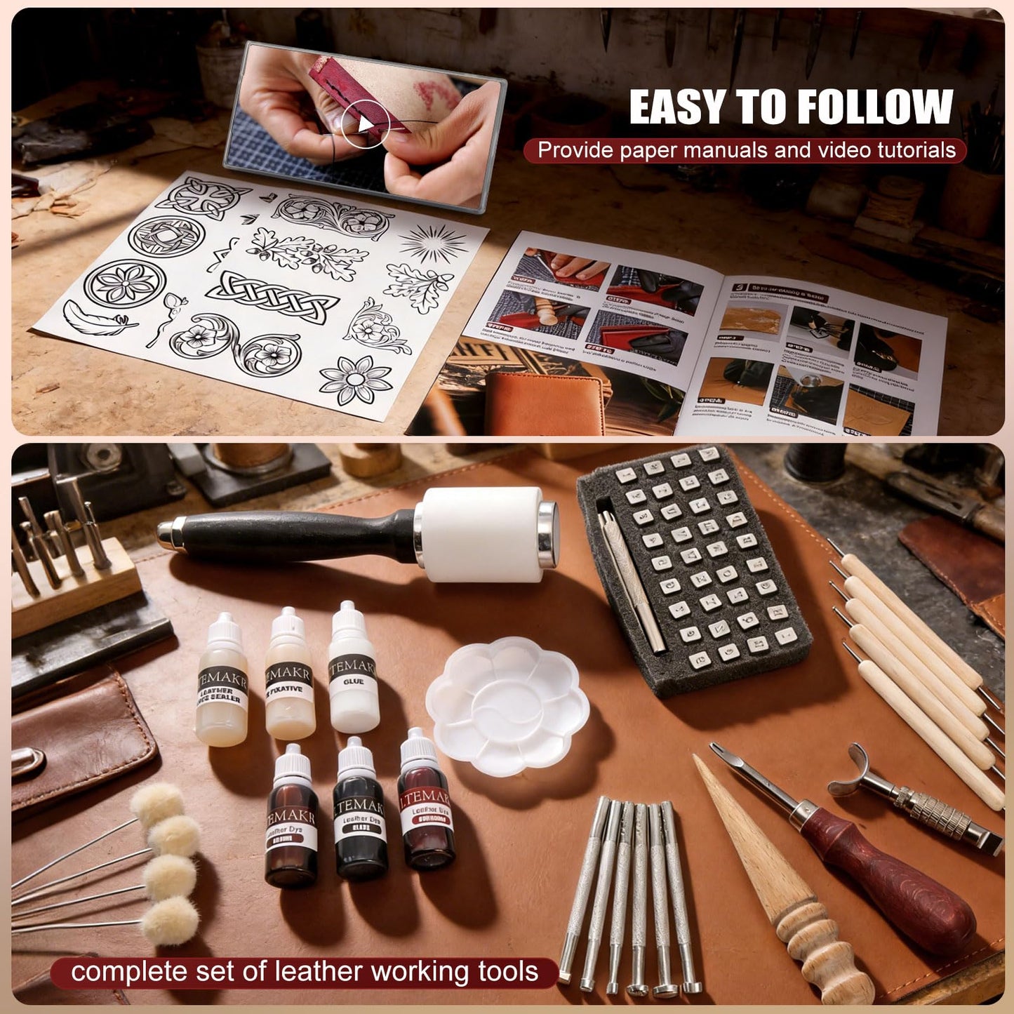 Leather Working Kit with Cowhide and Paint Set